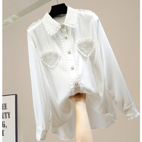 JSXDHK Luxury Women Long Sleeve White Blouses Spring Lovely Beaded Pleated Lace Chiffon Pearl Single Breasted Loose Shirt Femme