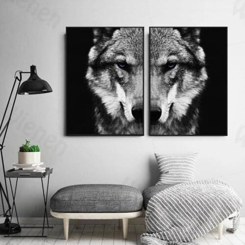 Black White Wolf Face Canvas Decorative Painting Two-Picture Combine HD Animal Posters and Prints Home Decor Living Room Bedroom