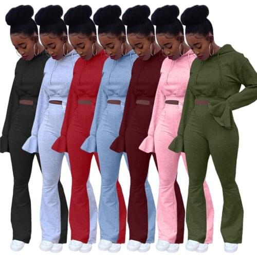 Imcute Streetwear Sweatsuit Womens Set Flare Sleeve Hoodies Flare Pants Set Active Tracksuit Two Piece Matching Outfit Sets New