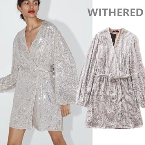 Jenny&Dave mini dress women spring england style vintage silver sequins shine sexy party vestidos de fiesta de noche vestidos