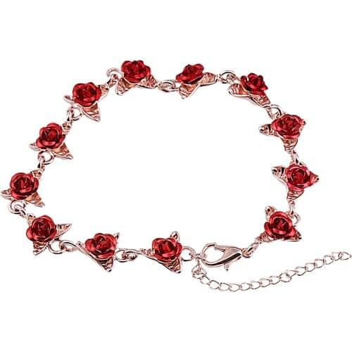 Fashion Rose Gold Color Link Chain Crystal Romantic Bracelet With Red Enamel Rose Jewelry Geometric Bracelets Homme Tendance