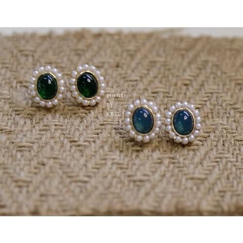 Fashion Retro Palace French Exquisite Blue Dark Green Translucent Gemstone Earrings Pearl S925 Ear Clip Female Trend
