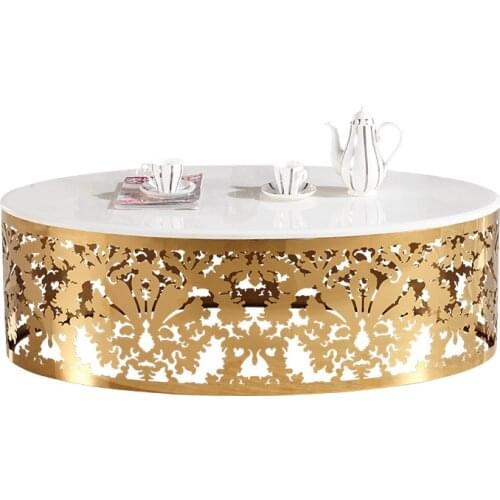 Marble coffee table Golden luxury glass coffee table Metal oval hollow carved and plated vintage gold reception