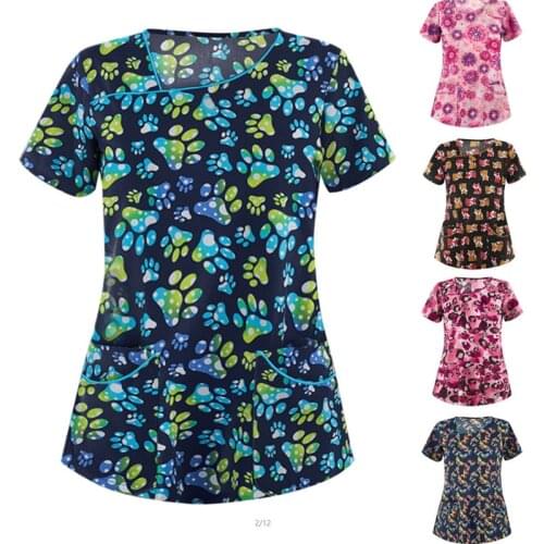 2021 New Nurse uniform Women Short Sleeve Tops Working Uniform Print Blouse nurses uniform Scrubs Top Summer clothes Two pockets