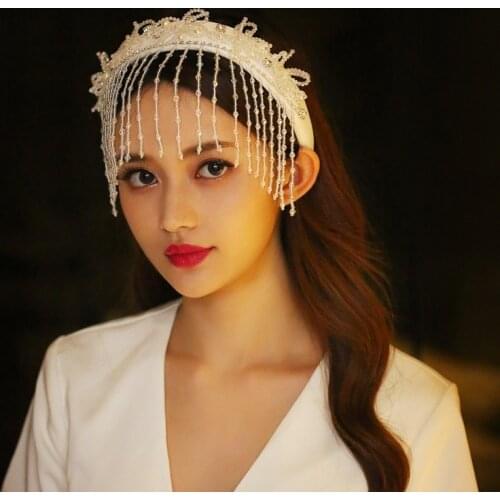 2020 Luxury RHinestone Beading Fringe Hairbands For Women White Crystal Tassel Forhead Headdress Wedding Bride Hair Accessories