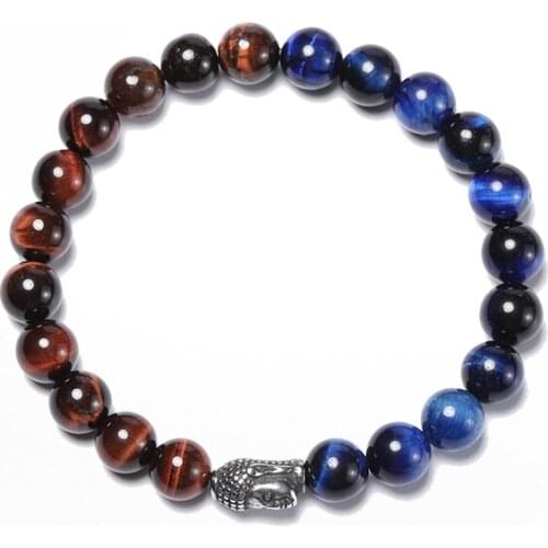 Wholesale 8mm natural stone beaded Buddha head bracelets tiger eye stone stainless steel bracelet