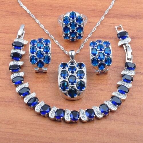 Dazzling Blue Zirconia Crystal Silver Color Jewelry Set For Women Earrings Necklace Pendant Rings Bracelet Set JS0520