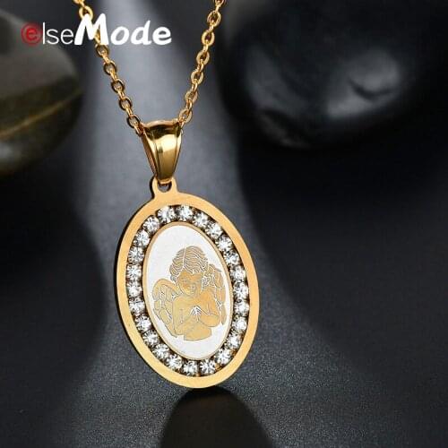 ELSEMODE Cubic Zirconia Oval Angel Gold Necklace 316L Stainless Steel Pendant Necklaces for Women Bridesmaid Gifts Drop Shipping