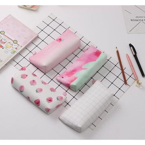 Durable Lovely Strawberry High quality Faux Leather Pencil Case Bag Girls Stationery School Supplies