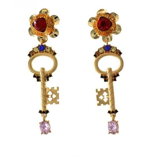 Baroque retro key earring exaggerated earrings Luxury Design Classic Crystal Water Vintage Long Drop Earrings