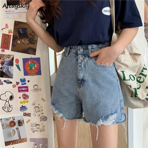 Denim Shorts Women Pockets Teens Streetwear Korean Vintage High Waisted Ins Ladies Trouser Summer Chic Stylish All-match Simple
