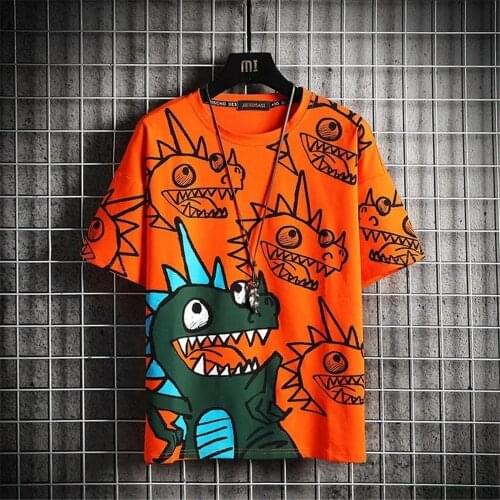 Loose Summer Cartoon Dinosaur T-Shirt Male Funny Orange Tshirt Streetwear Couple Fashion Hip Hop Oversize Korean T Shirts Boys