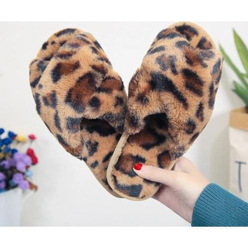 Winter Slippers Women Warm Faux Fur Shoes Leopard Style Ladies Indoor Floor Slipper Open Toe Female Home Fashion Slides SH444