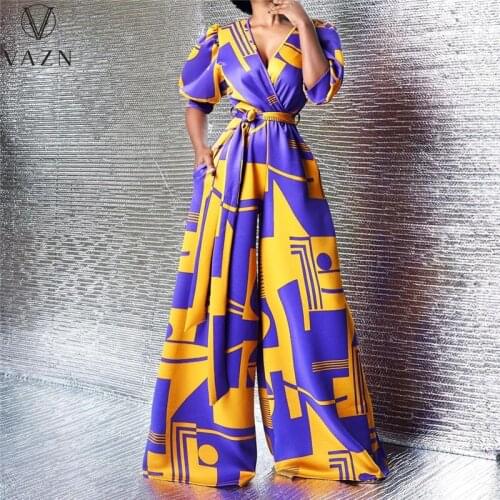 VAZN 2021 Formal Evening Party Print Short Sleeve Special Floral Long Loose Sexy Club Holiday Joker Women Loose Jumpsuits