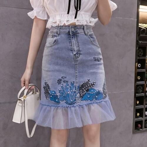 Mesh Stitching Denim Skirts Female Beading Seaweed Fishtail Embroidery Jeans Skirt Ruffled Diamond Covered Sheath Bodycon Skirt