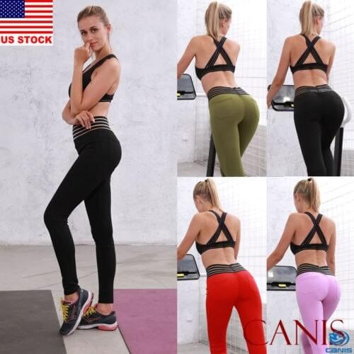 Waist Stripe Leggings fitness Leggings For Women Sporting Workout Leggins Elastic Slim Black Green Red Pink Pocket Pants