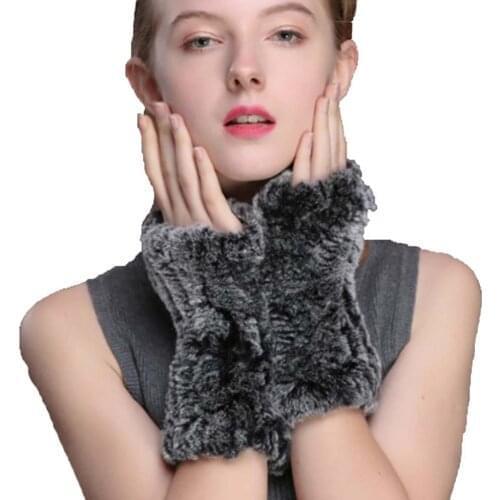 Womens Real Rabbit Fur Gloves Fashion Black with White Tip Winter