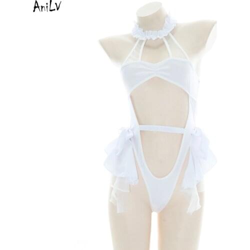 AniLV Beach Wedding Bride White Bodysuit Swimsuit Costume Women Yarn Halter One-piece Swimwear Uniform Set Pool Party Cosplay