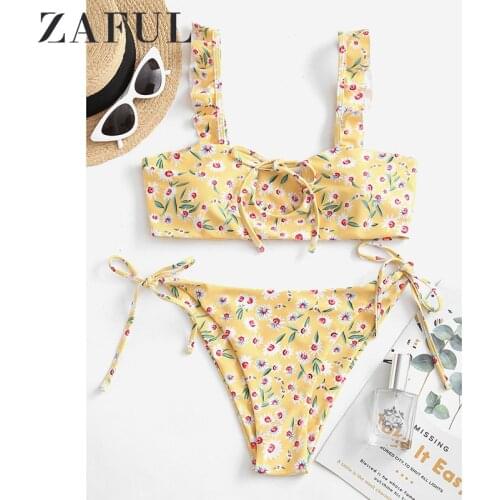 ZAFUL Ditsy Print Tie Cutout Frilled Bikini Swimsuit