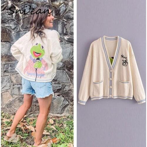 Za Frog Cardigan Za 2021 Women Knitted Sweater With Pockets Autumn Winter Oversize Casual Femme Chandails Female Crop Tops New