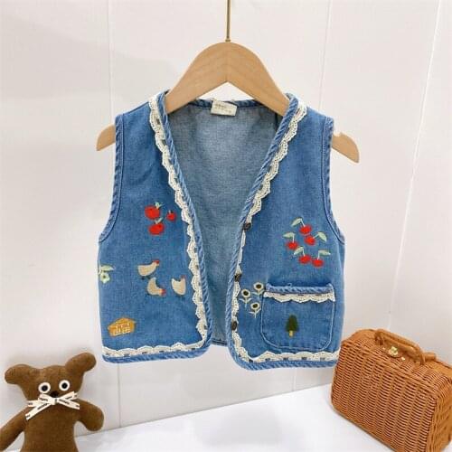 Lunoakvo 2021 Spring Autumn New Korean Style Jacket Baby Girls Denim Vest Kids Embroidery Flower Coat Childrens Clothes