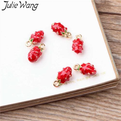 Julie Wang 10pcs Enamel Strawberry Charms Small Fruit Alloy Gold Tone Pendant Necklace Bracelet Jewelry Making Accessory