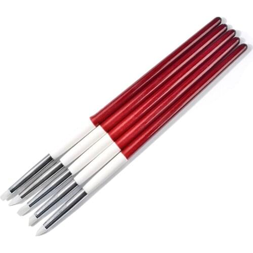 5Pcs/Set Silica Gel Nail Brush Red Wooden Handle Acrylic Brush Pen Nail Gel Builder Carving Dotting Drawing Tools