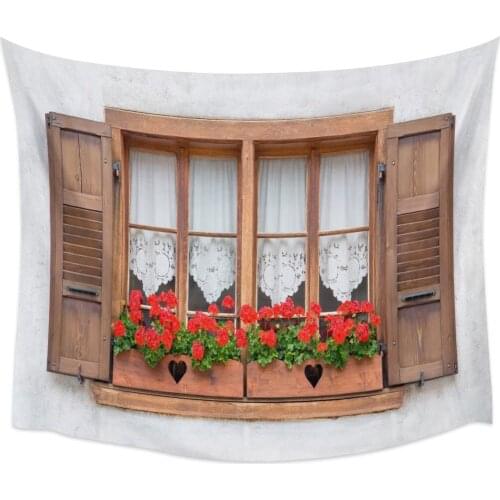Wooden Window Red Flowers Vintage Style Wall Tapestry Cover Beach Towel Picnic Yoga Mat Home Decoration