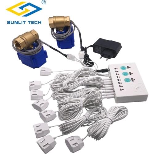 Water Leakage Detector Alarm Host with 8pcs Long Sensitive Cable And 2pcs Valves For Smart Home Flood Overflow Protection