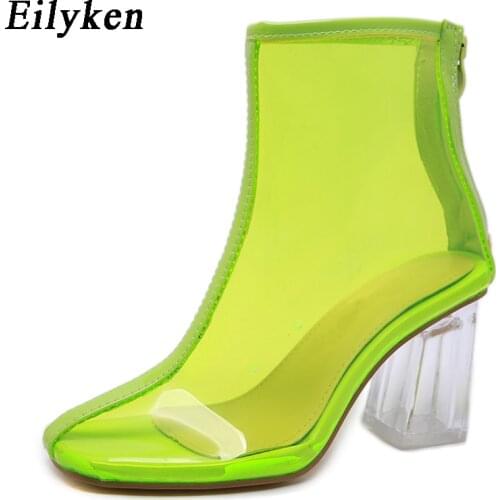 Eilyken Sexy PVC Transparent Boots Round Toe Shoes Clear Chunky heels Mujer Women Boots Sandals Zipper 2021 New Autumn