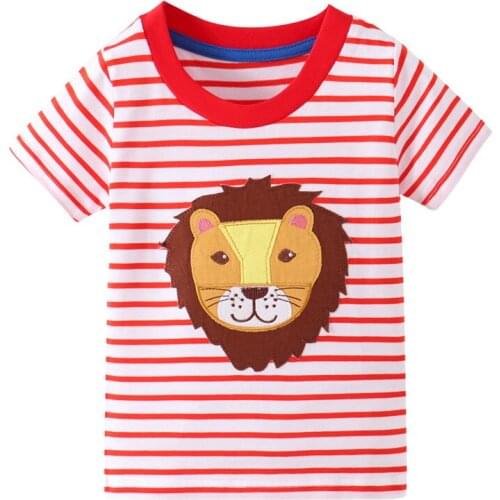 Funnygame Animals Cotton T shirts for Boys Girls Stripe Lion Applique Summer Childrens Clothes Hot Selling Kids Tees Top