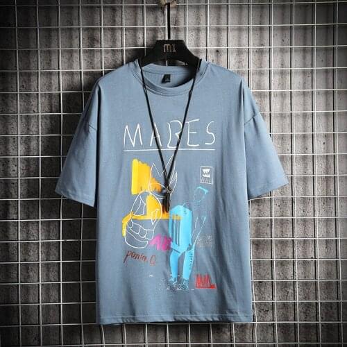 GlacialWhale Mans Blue T-shirt Men 2021 Round neck Casual Harajuku Hip Hop Graffiti Japanese Streetwear Tshirt Male T Shirt Men