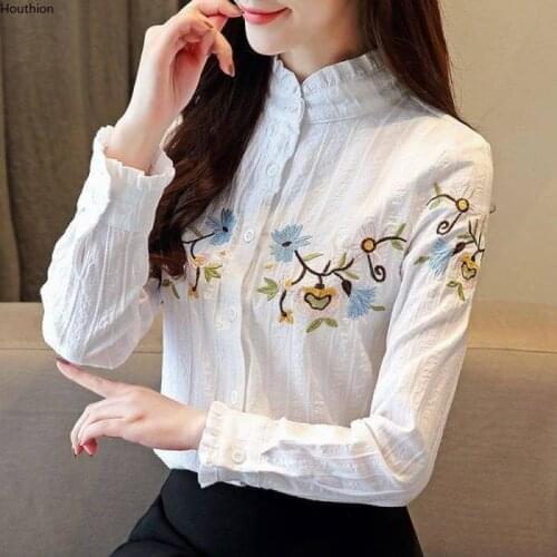 Cotton Loose Womens Shirts New Fashion Blouse Casual Long Sleeve Blusas Embroidery Stand-collar Shirt Summer Houthion