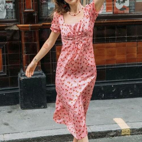 Jastie Summer Womens Dress 2021 Floral Print Square Neck Bow Lace Up Puff Sleeve Midi Dresses Bohemian Beach Party Casual Dress