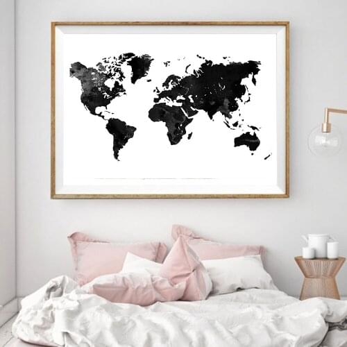 Watercolor World Map Black White Nordic Posters and Prints Wall Art Abstract Canvas Painting for Living Room Bedroom Decor