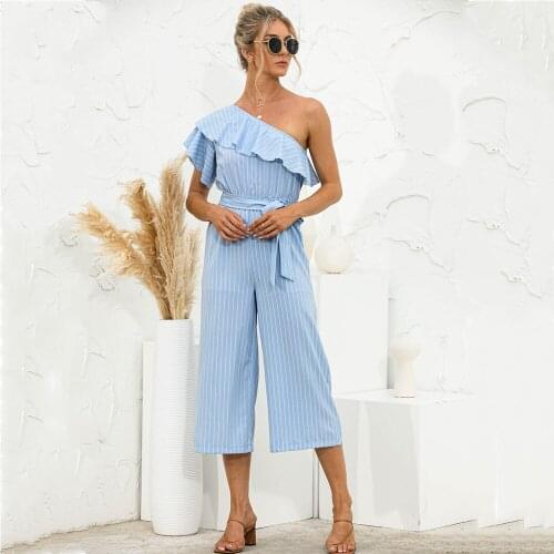 Sexy Ruffle Stitching Wide Leg Jumpsuits Woman Clothing Summer Slanted Shoulder Striped Print Women Rompers Combinaison Femme