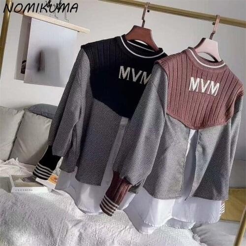 Nomikuma Korean Causal Blouse Patchwork Pullover Knitwear Korean Letters Women Winter Sweater Fake Two Pieces Pull Femme 6L284