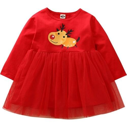 Baby Girls Red Christmas Dress Infant Winter Long Sleeve Cute Cartoon Deer Costume New Year Party Ball Gown Dresses for Baby 12M