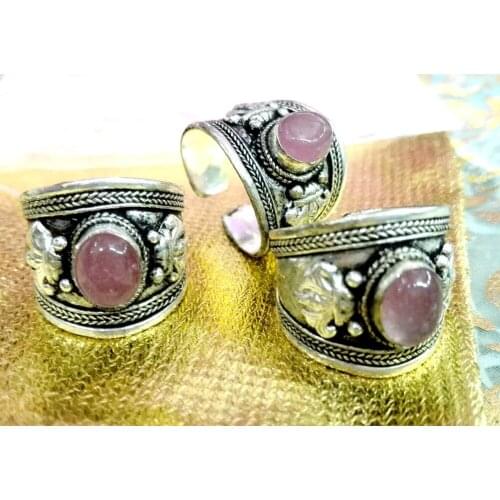 Fashion Jewelry Light Pink Crystal Ring Wide Tibet Silver Buddhism Nepal Ring Adjustable Unisex Gift one ring
