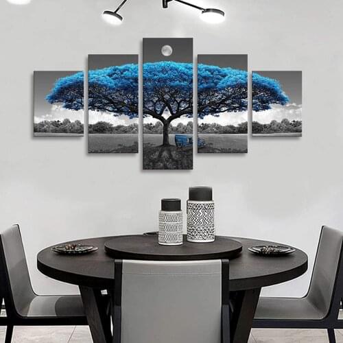 Unframed 5 Panel Blue Tree Landscape Modular Modern Pictures Wall Art Home Decor Posters Canvas Paintings for Living Room