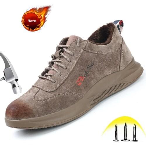 Mens Casual Suede Cowhide Steel Toe Safety Shoes Winter Male Warm Plush Safety Work Shoes Industrial Construction Sneakers