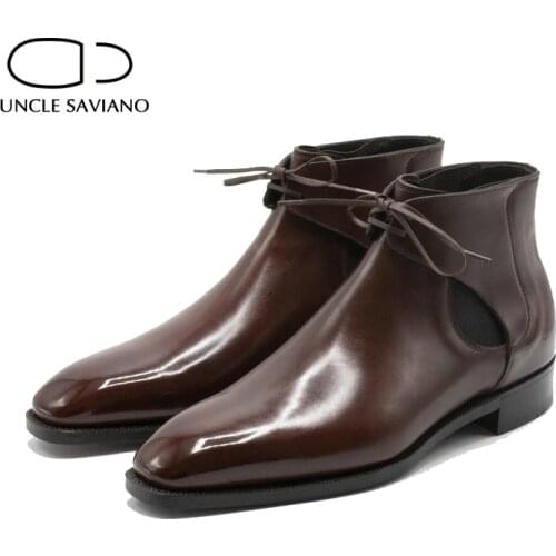 Uncle Saviano Chelsea Winter Mens Boots Shoes Work Boots Non-Slip Fashion Designer Bright Genuine Leather Add Velvet Shoes Men