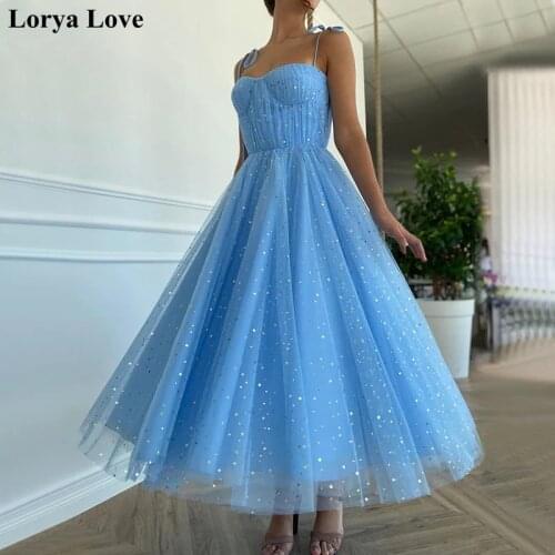 Sky Blue Prom Dresses 2020 Women Party Night Long Vestidos De Gala Sequins Evening Dress A-Line Spaghetti Straps Robe De Soiree