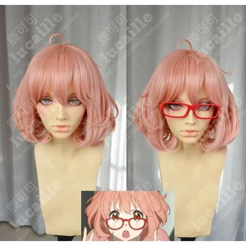 Anime Kyoukai no Kanata Kuriyama Mirai Cosplay Wig Short Orange Pink Heat Resistant Synthetic Hair Wig + Wig Cap + Glasses