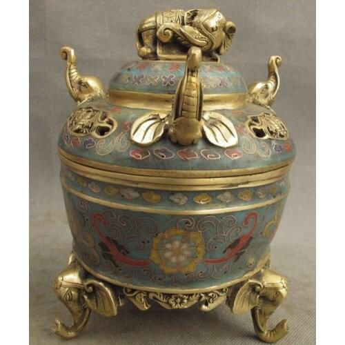 Song voge gem S2728 Tibet Enamel Cloisonne Bronze Gilt Elephant Head Statue Incense Burner Censer