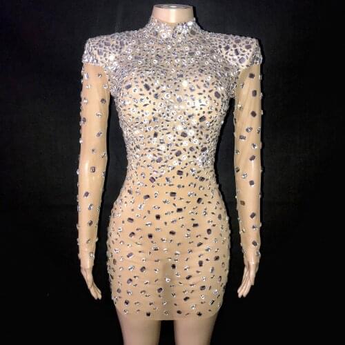 Silver Rhinestone Transparent Dress Birthday Collections Long Sleeves Sexy Costume Evening Celebrate Dance Short Dress