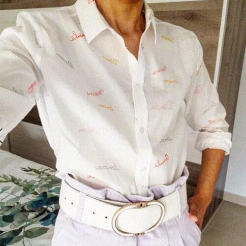 Chemise à manches longues Femme Blouse Cotton Button Loose Long Sleeve Shirt Col classique Elegant Chic Letter Print Hauts Top