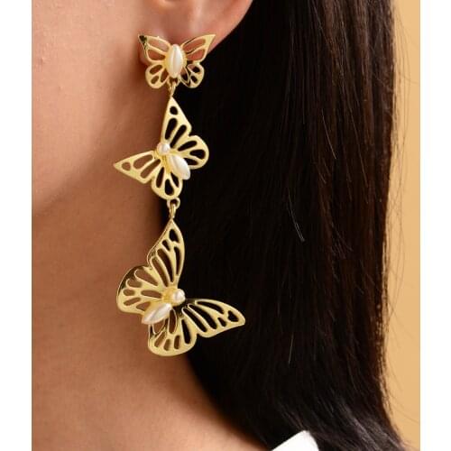 Butterfly Earrings For Women Accessories Gold Color Pearls Earring Long Round Korean New Trendy Pendant Woman Jewelry For Gifts