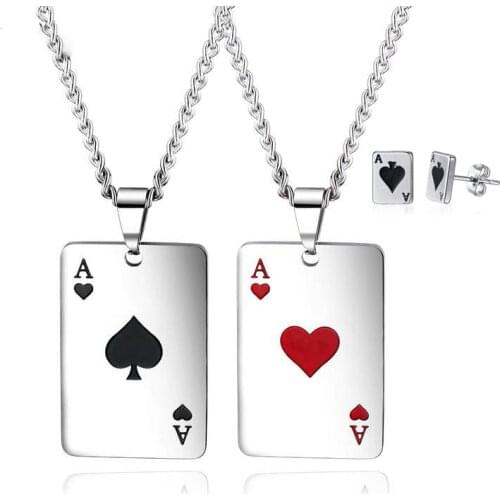 Ace of Spades Jewelry Sets Mens Necklace Hearts A Pendant Stud Earrings Stainless Steel Poker Player Cards Luck Party Gift