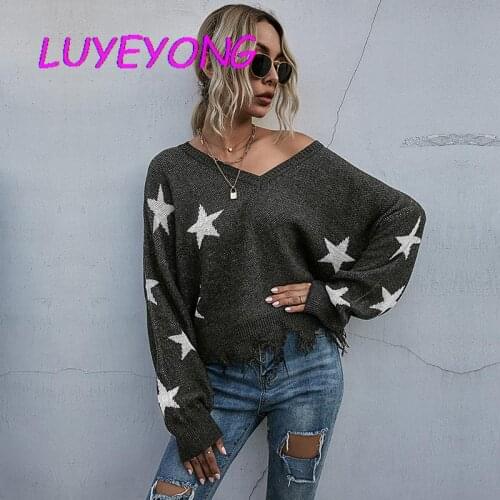 Loose Hipster Women Knit Cool Sweater 2020 Winter Lady Pullover Star Tassel Sweaters Knitted Batwing-long-sleeve Top Dark Gray